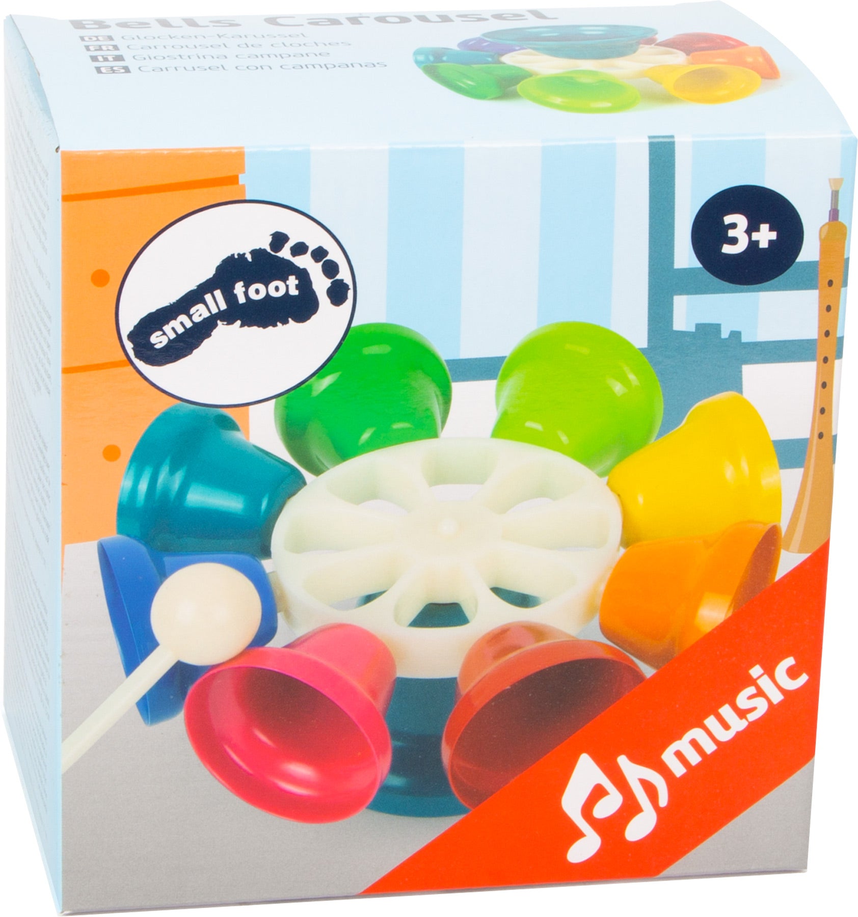 Caixa do carrossel de sinos small foot, mostrando o produto e a indicação de idade recomendada (3+).