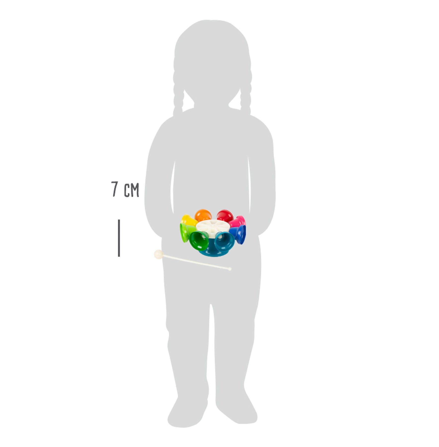 Ilustração mostrando as dimensões do carrossel de sinos small foot em comparação com uma criança.