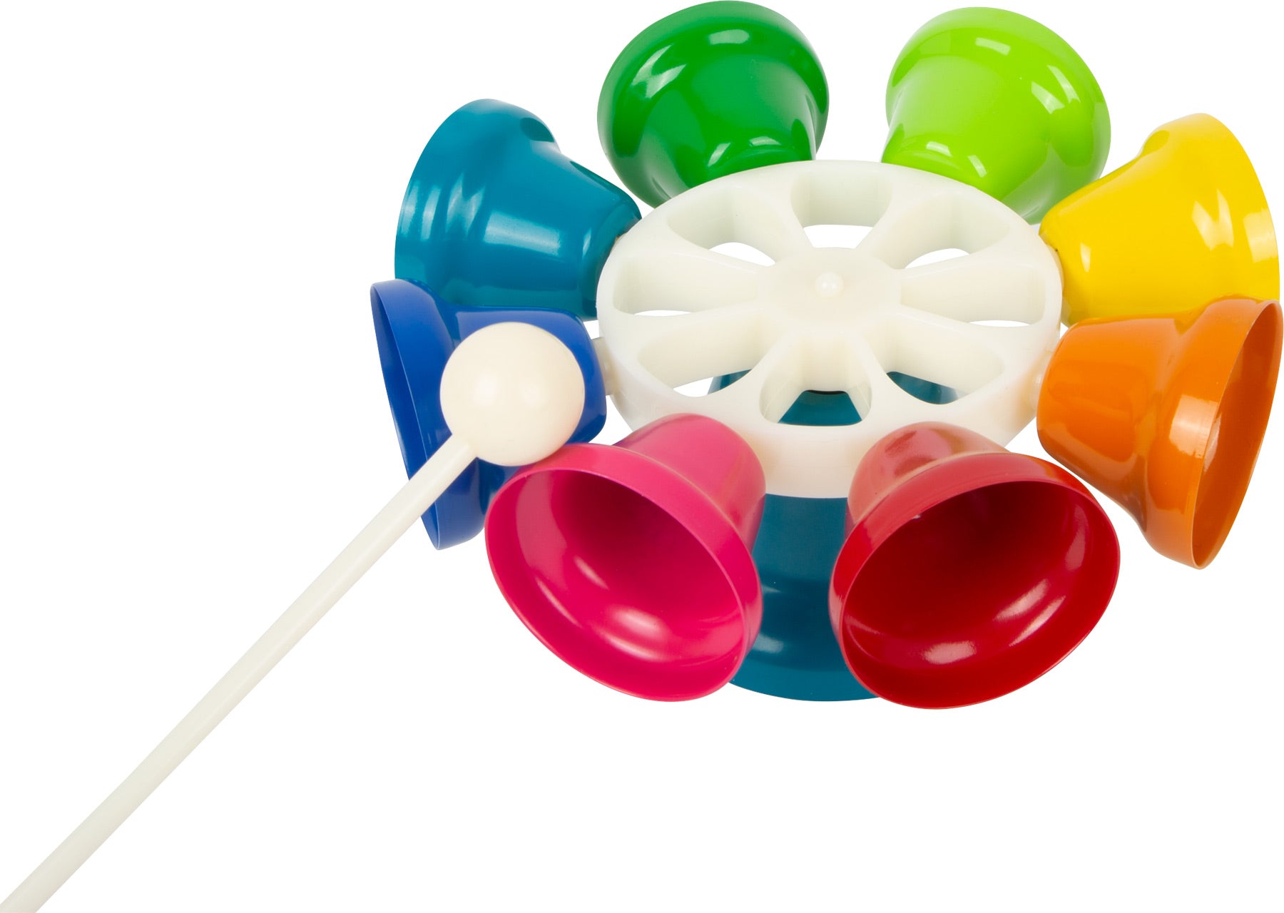 Carrossel de sinos small foot com oito sinos coloridos, visto de cima, com o martelo a tocar num dos sinos. Brinquedo musical para desenvolvimento rítmico.
