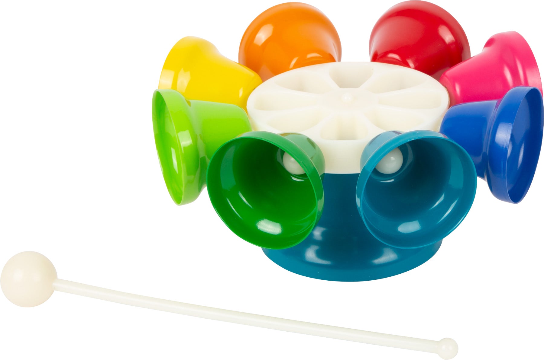 Carrossel de sinos small foot com oito sinos coloridos, visto de lado, com o martelo separado. Brinquedo musical para crianças a partir dos 3 anos.