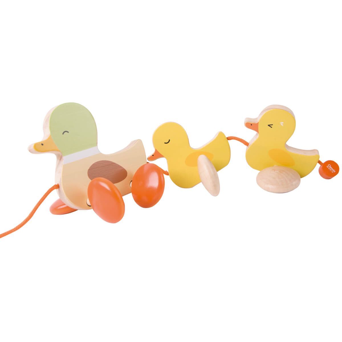 Close-up da família de patinhos de madeira Classic World, mostrando o design e as rodas de madeira em detalhe.