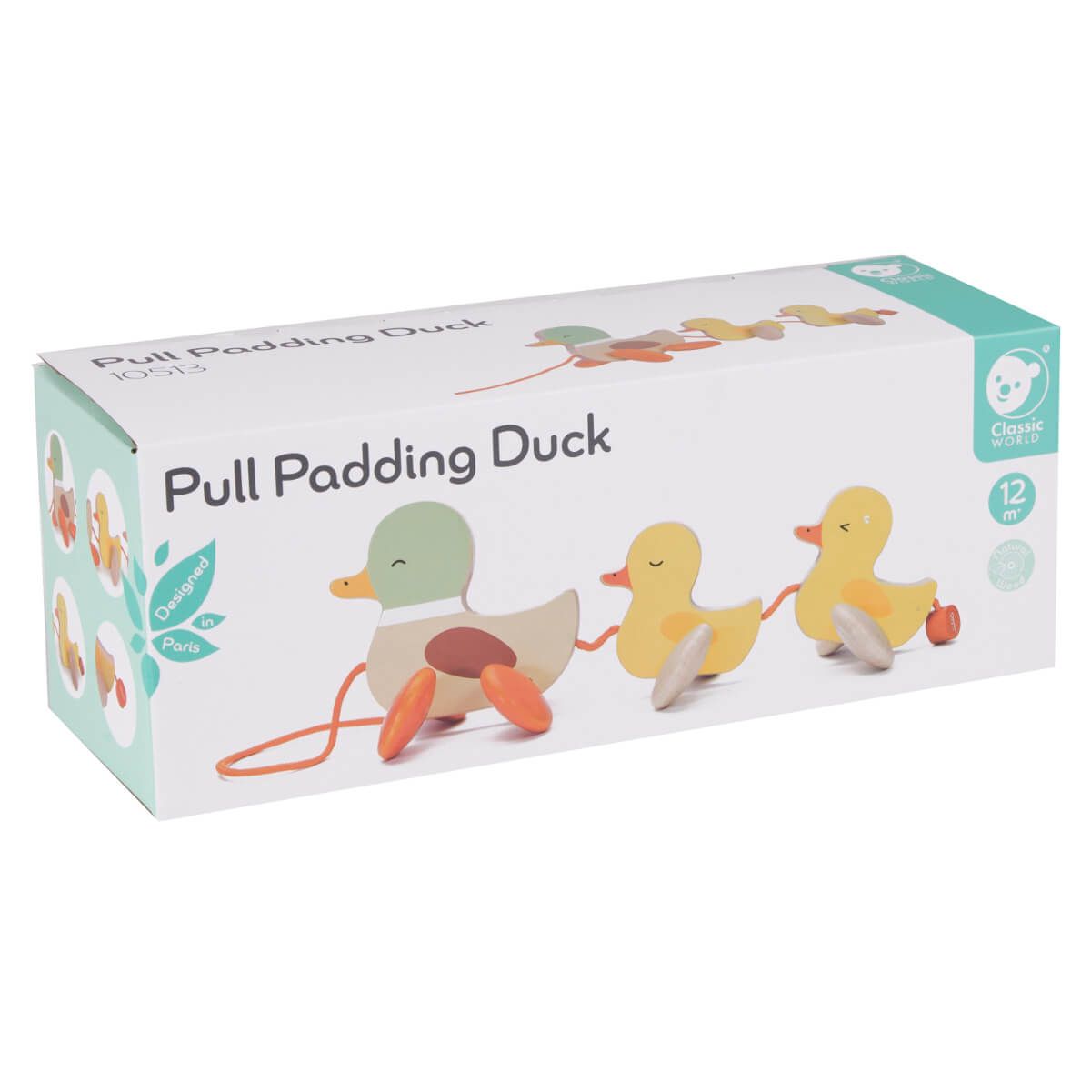 Embalagem da família de patinhos de puxar Classic World, indicando a idade recomendada de 12+ meses e o design em Paris.