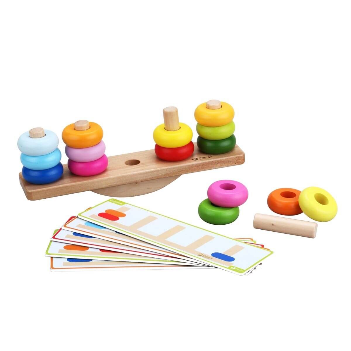 Jogo de empilhar e de equilíbrio da Classic World com peças coloridas e cartões de padrão.