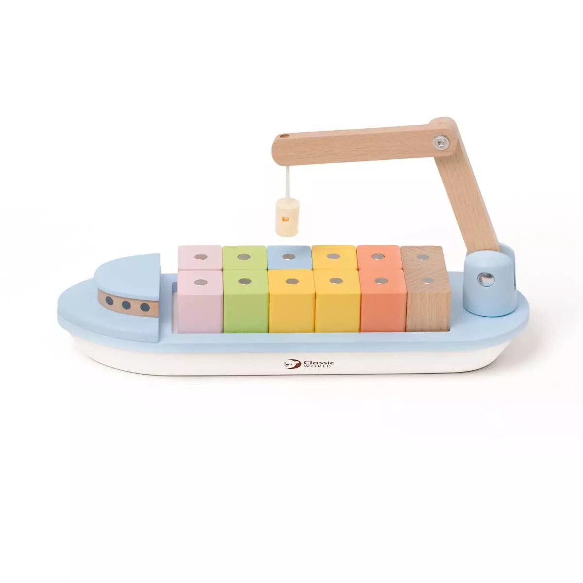 Vista superior do navio de carga magnético da Classic World, mostrando os blocos coloridos e o guindaste funcional.