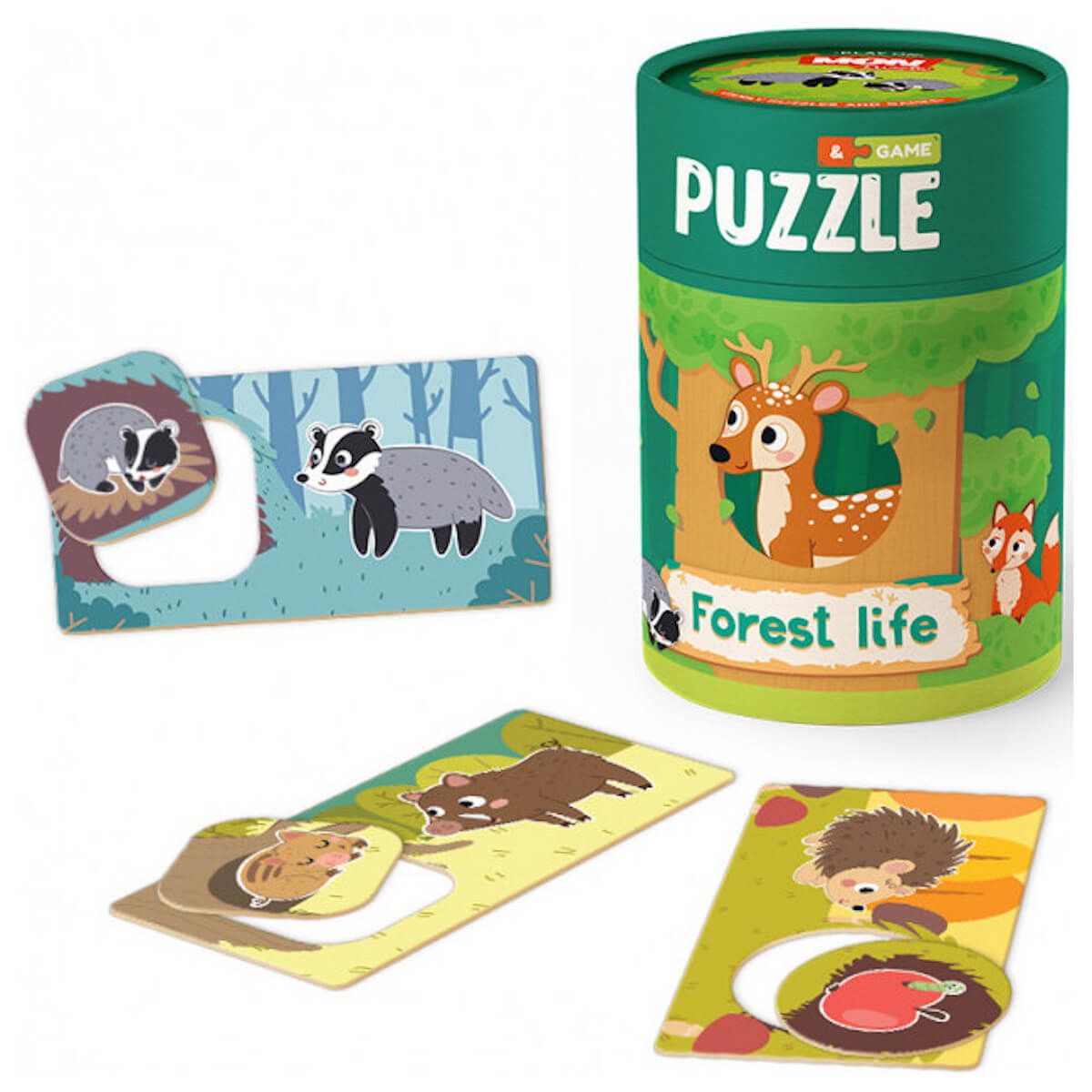 Puzzle Classic World 2 em 1 "A vida na Floresta" com embalagem e algumas peças montadas, mostrando um texugo e um ouriço.