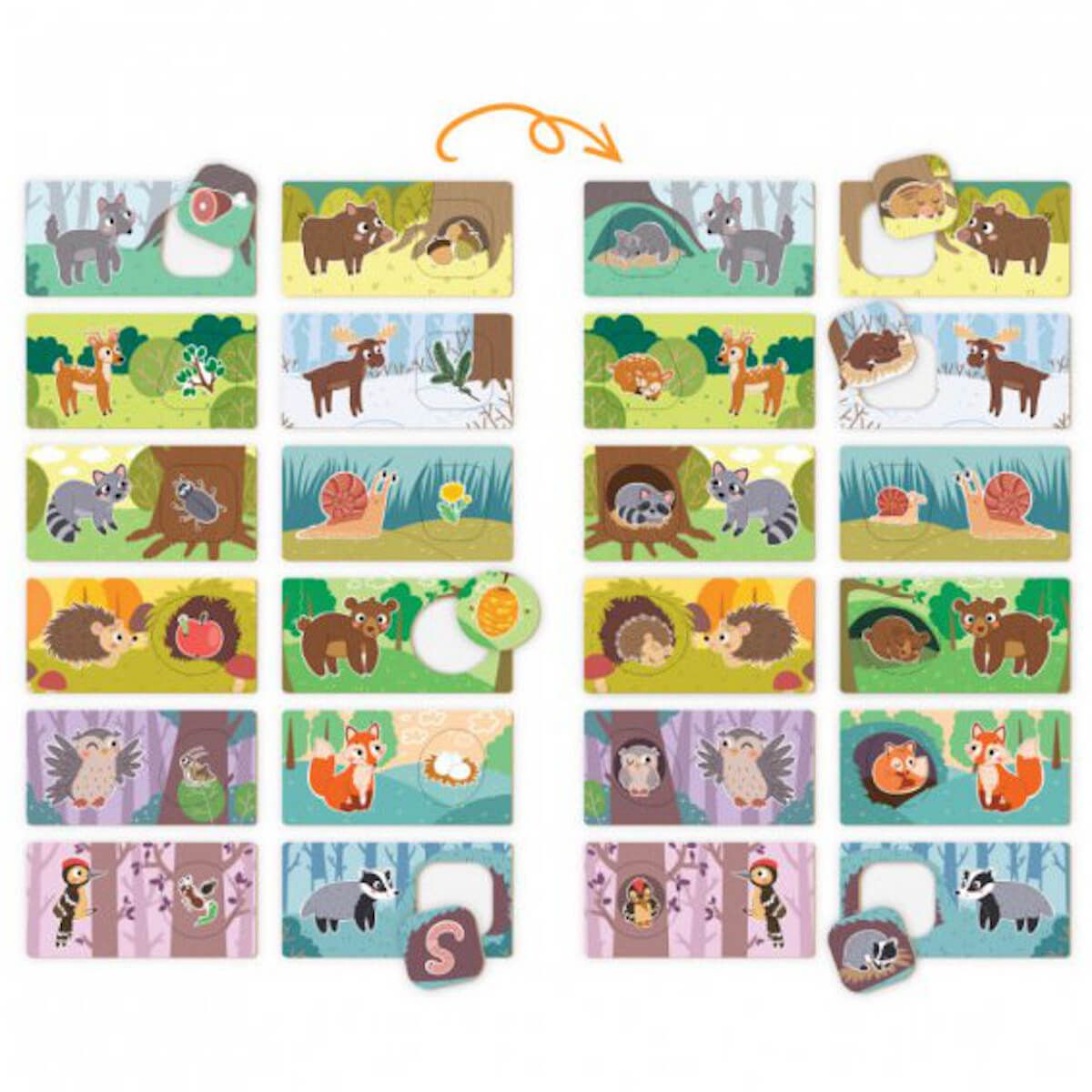Peças do puzzle Classic World 2 em 1 "A vida na Floresta" com ilustrações de animais e seus alimentos em pares.