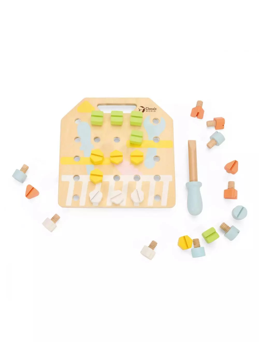 Vista superior da tábua de madeira com parafusos coloridos e chave de fendas da Classic World.