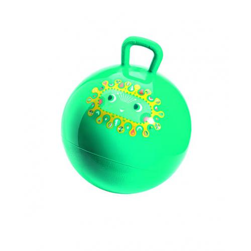 Djeco Bola Saltitante Jumpy Diego 45cm verde com pegas, vista frontal.