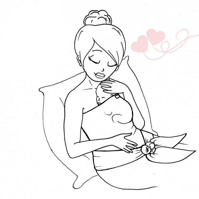 Ilustração de uma mãe utilizando o pano pele a pele Neobulle Papillon, com o bebé aconchegado contra o seu peito, destacando a proximidade e o calor proporcionados pelo uso do cachecol.
