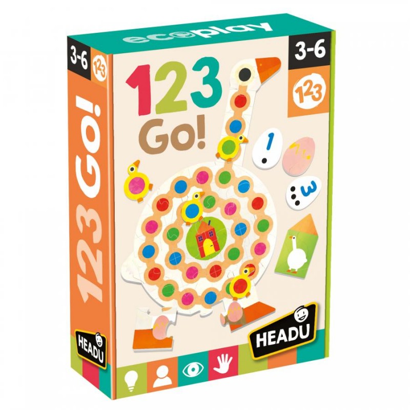 Caixa do jogo educativo Headu - 123 GO com tabuleiro em forma de ganso e peças coloridas para aprender números 1-5.