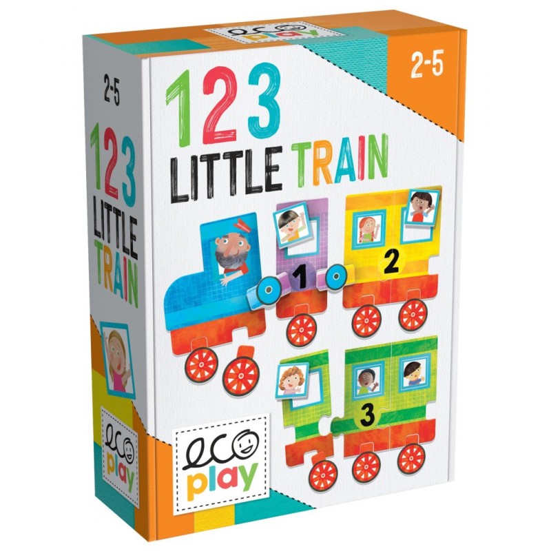 Caixa do puzzle Headu Ecoplay – 123 Comboio dos números, mostrando o comboio montado e a idade recomendada 2-5.