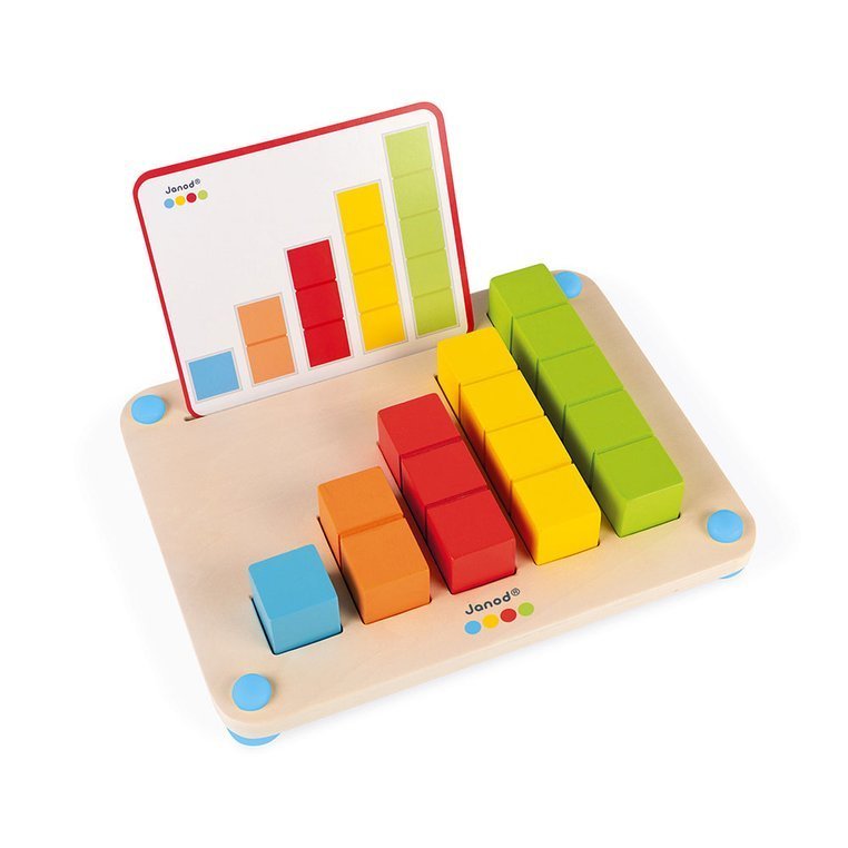 Jogo educativo Janod Essentiel Aprender a Contar com barras coloridas e cartões de modelo, ideal para introduzir conceitos matemáticos básicos.