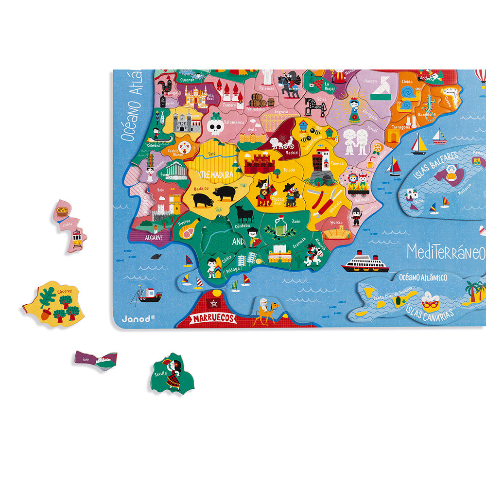 Mapa magnético Janod da Península Ibérica com ímanes coloridos representando regiões e cidades de Portugal e Espanha.