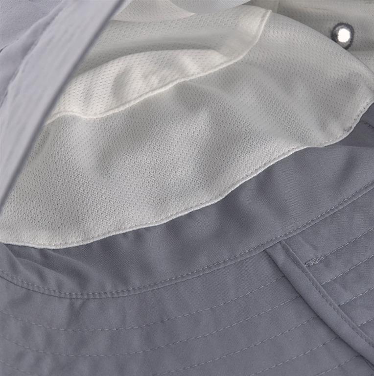 Detalhe do interior do chapéu Lassig UV 80 cinzento, mostrando o forro de secagem rápida e costura.