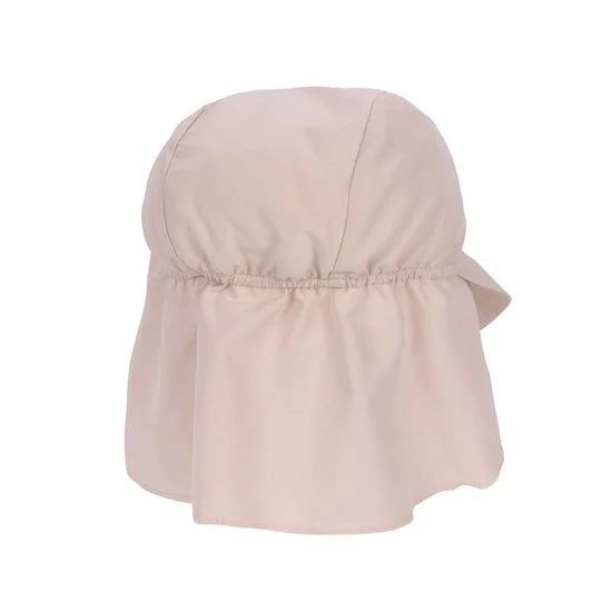 Vista traseira do chapéu solar Lassig rosa claro com aba longa para proteção do pescoço do bebé.