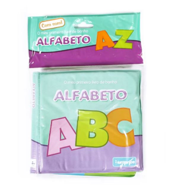Livro de banho infantil com letras do alfabeto ABC coloridas, ideal para crianças de 1 a 3 anos, com som incluído.