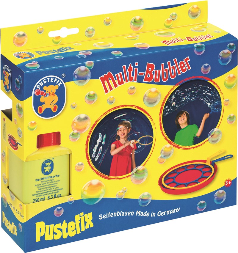 Caixa do Pustefix Multi Bubbler, com imagens de crianças brincando com bolhas e detalhes do produto.