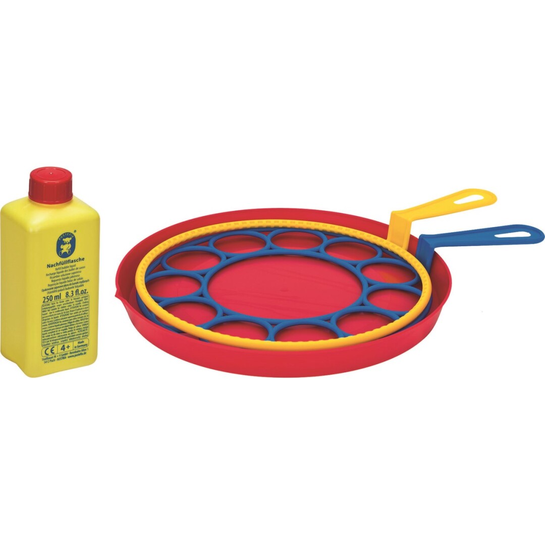 Kit completo do Pustefix Multi Bubbler, mostrando o frasco de líquido, os aros de diferentes tamanhos e o recipiente para o líquido.