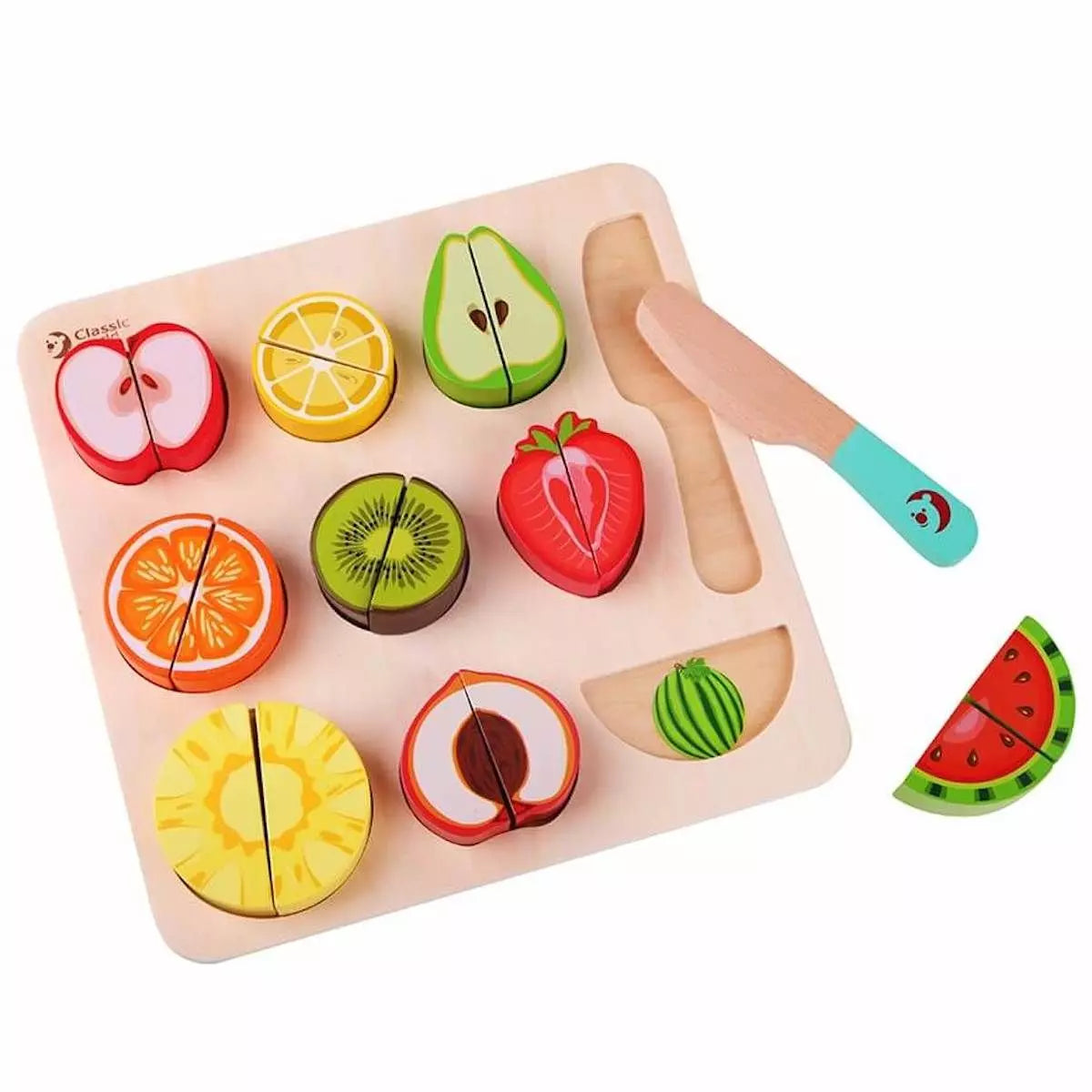 Vista superior do Classic World Puzzle de Cortar, apresentando frutas coloridas como maçã, limão, kiwi, morango e melancia, com uma faca de madeira.