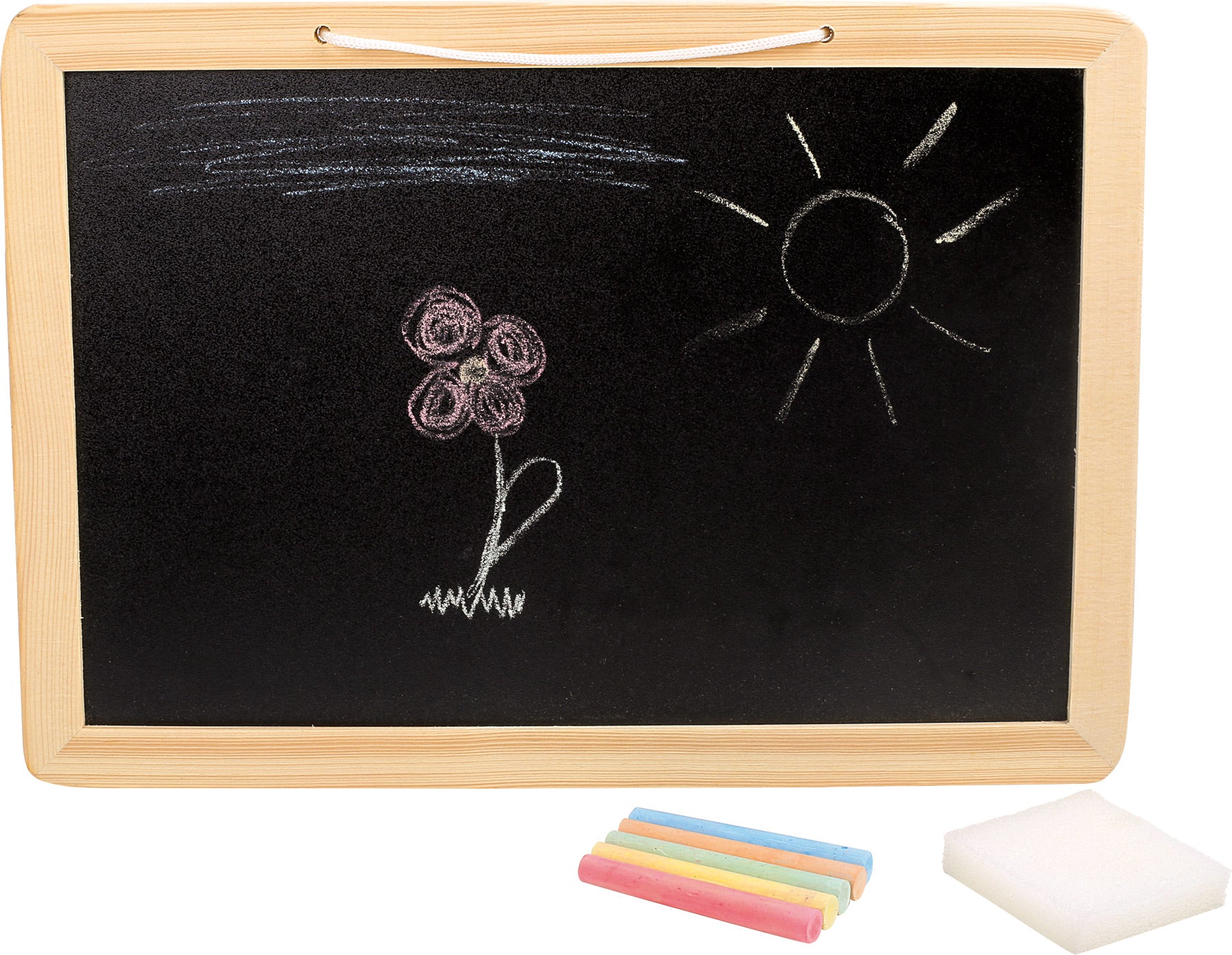 Quadro de ardósia small foot em madeira natural, com giz colorido e esponja. Desenho de flor e sol feitos com giz na ardósia.