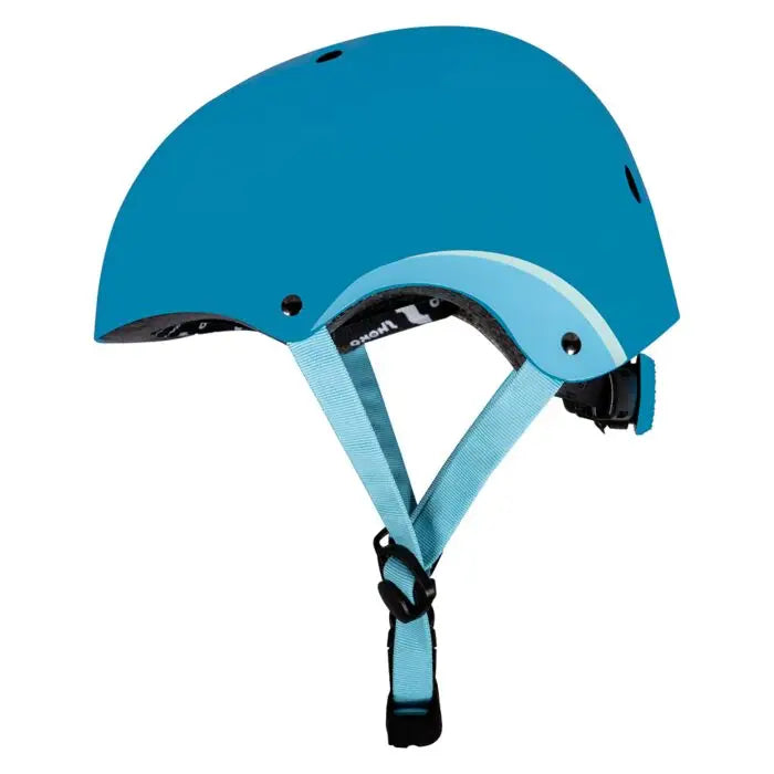 Capacete Shoko azul infantil 50-55cm 3-7 anos, vista lateral com correias e fivela ajustáveis.