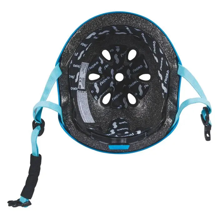 Interior do capacete Shoko azul infantil 50-55cm 3-7 anos, mostra acolchoamento e ajuste rotativo.