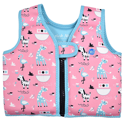 Colete natação Splash About Go Splash Swim Vest rosa com padrão de girafas, zebras, flamingos e barcos para crianças.