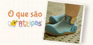 Imagem ilustrativa das Attipas: calçado infantil leve, flexível e barefoot, ideal para os primeiros passos do bebé.