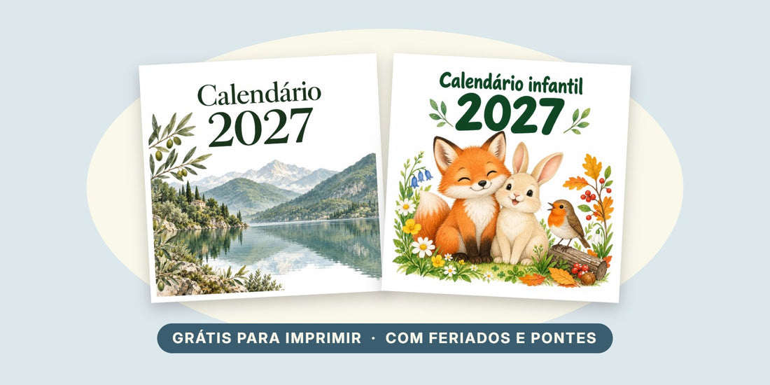 Capas dos calendários Gotu 2027 para imprimir, o mensal com um lago em aguarela e o infantil com uma raposa e um coelho