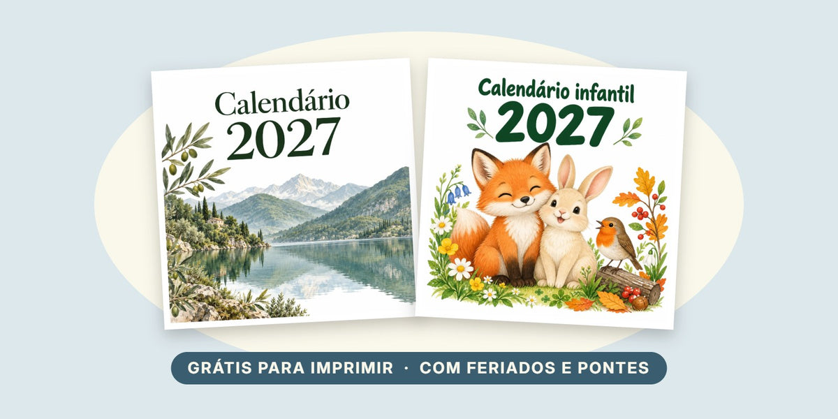 Capas dos calendários Gotu 2027 para imprimir, o mensal com um lago em aguarela e o infantil com uma raposa e um coelho