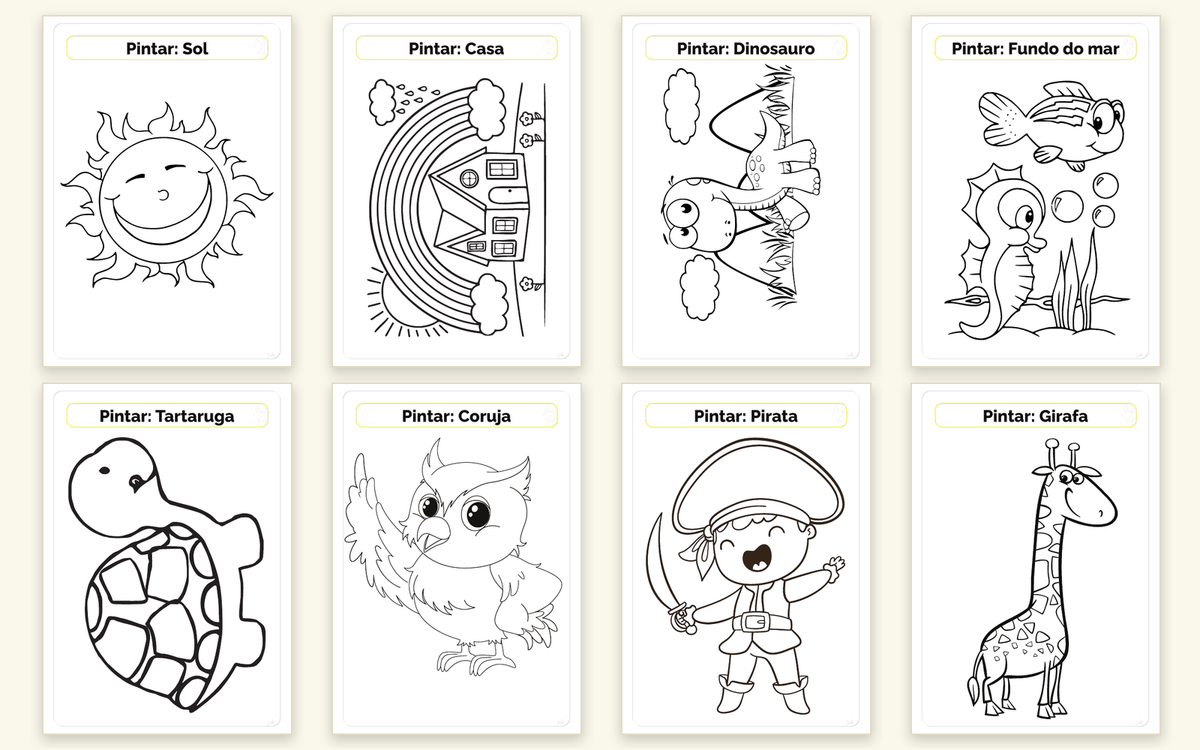 Oito desenhos para colorir da Gotu: sol, casa, dinossauro, fundo do mar, tartaruga, coruja, pirata e girafa