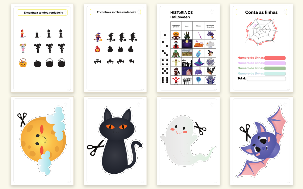 Fichas de Halloween da Gotu: sombras para descobrir, história com dado e recortes de lua, gato, fantasma e morcego