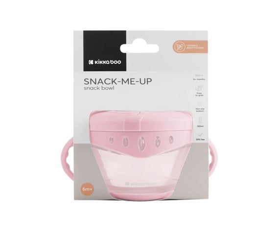 Embalagem do Kikkaboo Porta snacks Snack-Me-Up Pink, destacando idade 6m+ e BPA-free.