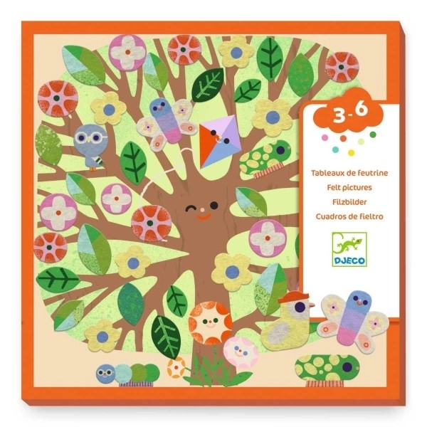 Kit de colagem Djeco Actividades - Quadros de Feltro, com uma árvore decorada e a indicação de idade recomendada (3-6 anos).
