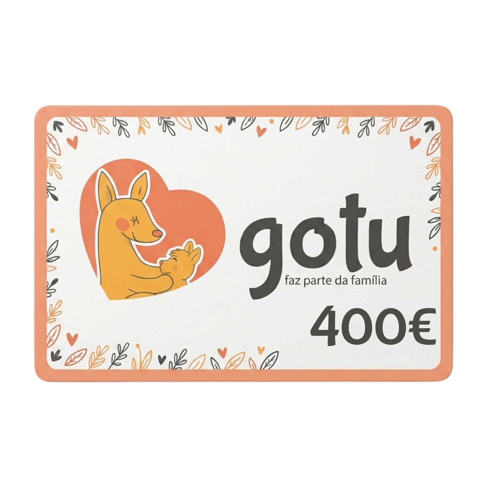 Cartão de oferta Gotu de 400 euros, com o canguru Gotu e o valor impresso no cartão.