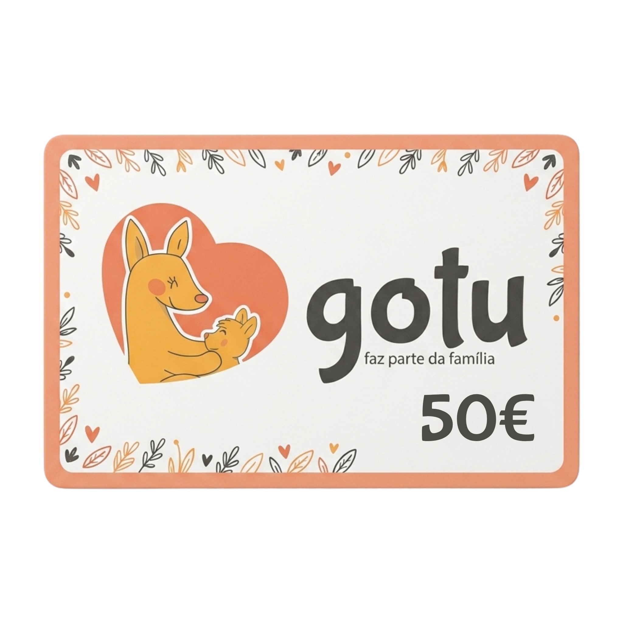 Cartão de oferta Gotu de 50 euros, com o canguru Gotu e o valor impresso no cartão.