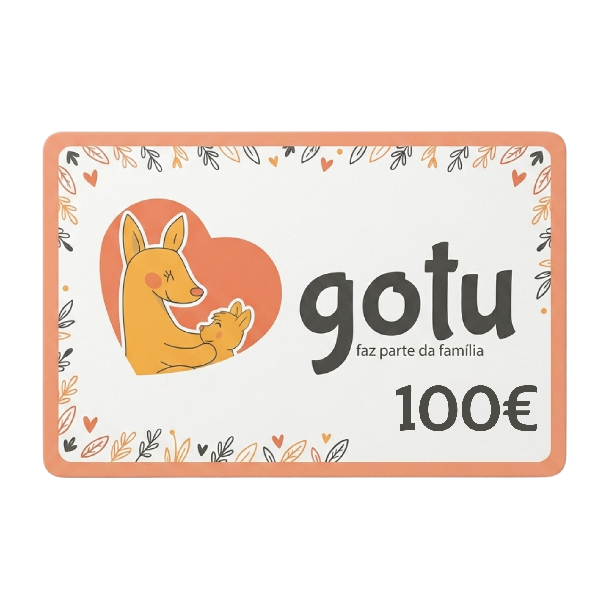 Cartão de oferta Gotu de 100 euros, com o canguru Gotu e o valor impresso no cartão.