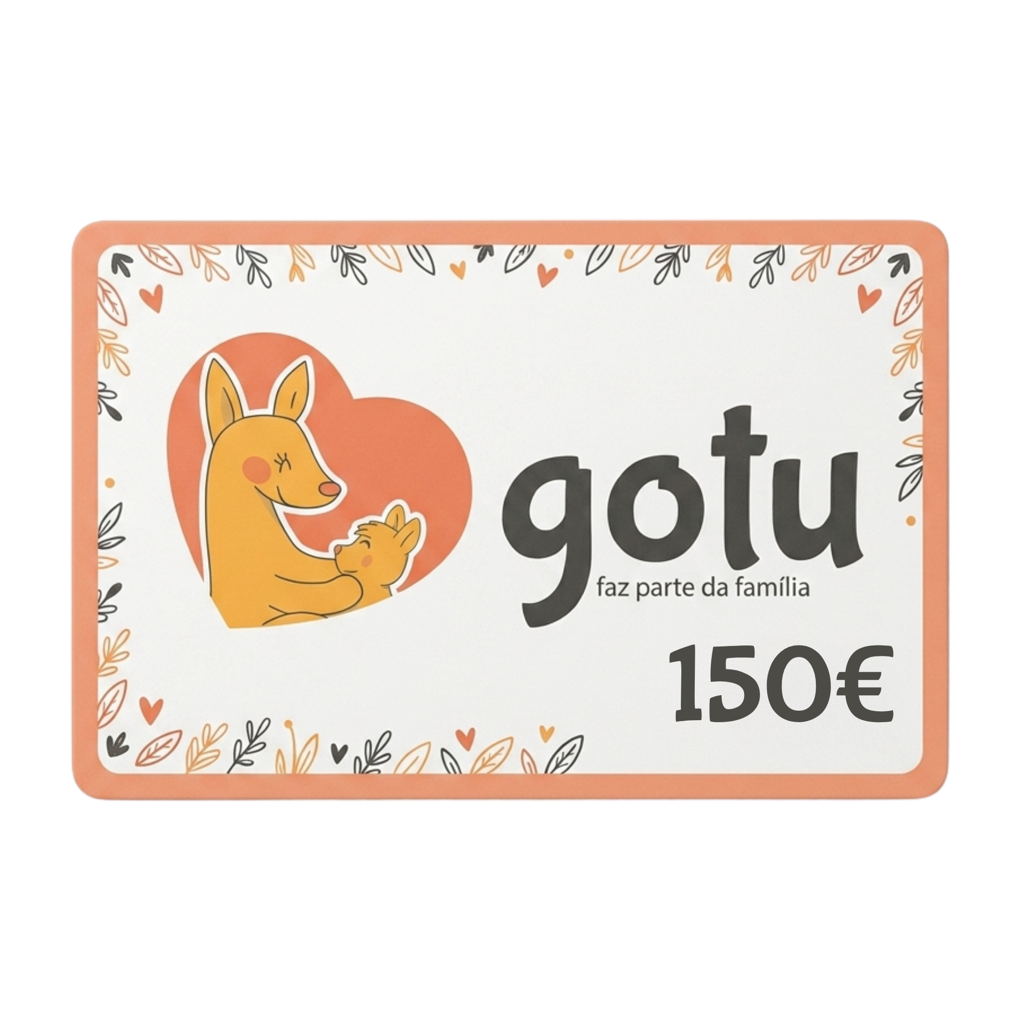 Cartão de oferta Gotu de 150 euros, com o canguru Gotu e o valor impresso no cartão.