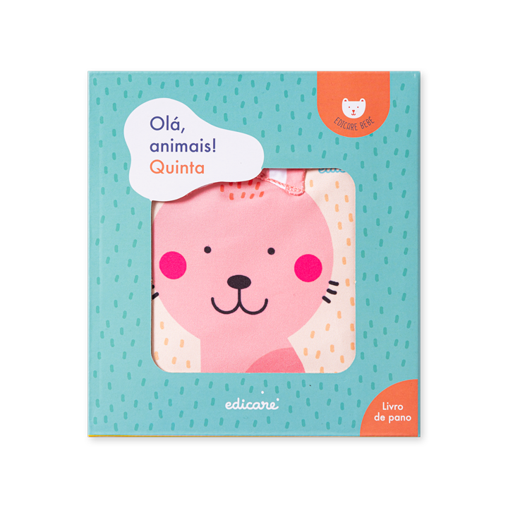 Capa do livro de pano Olá, Animais! Quinta da Edicare, com animais ilustrados