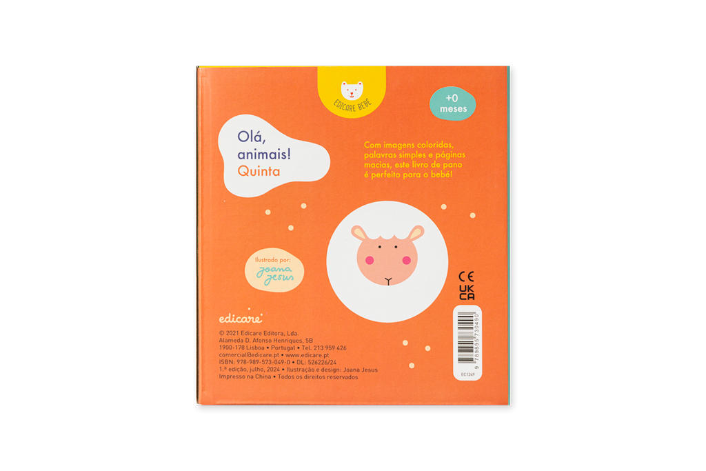 Pormenor das ilustrações do livro de pano Olá, Animais! Quinta