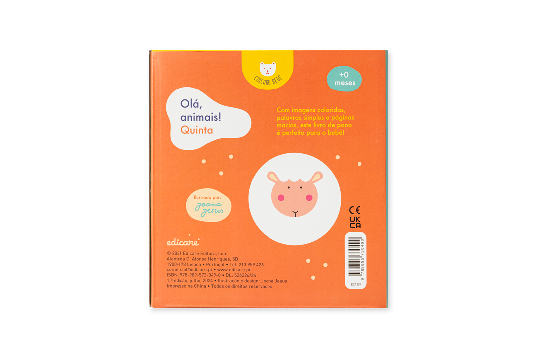 Pormenor das ilustrações do livro de pano Olá, Animais! Quinta