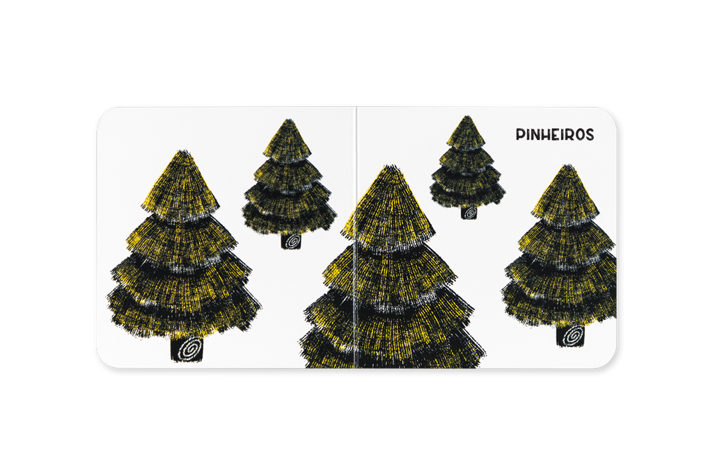 Páginas interiores do livro-roca com animais da floresta em alto contraste