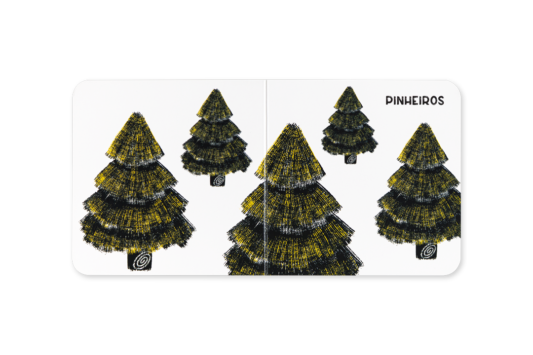 Páginas interiores do livro-roca com animais da floresta em alto contraste