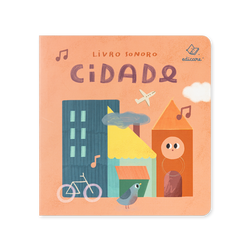 Capa do livro sonoro Cidade da Edicare, com ilustração de rua movimentada