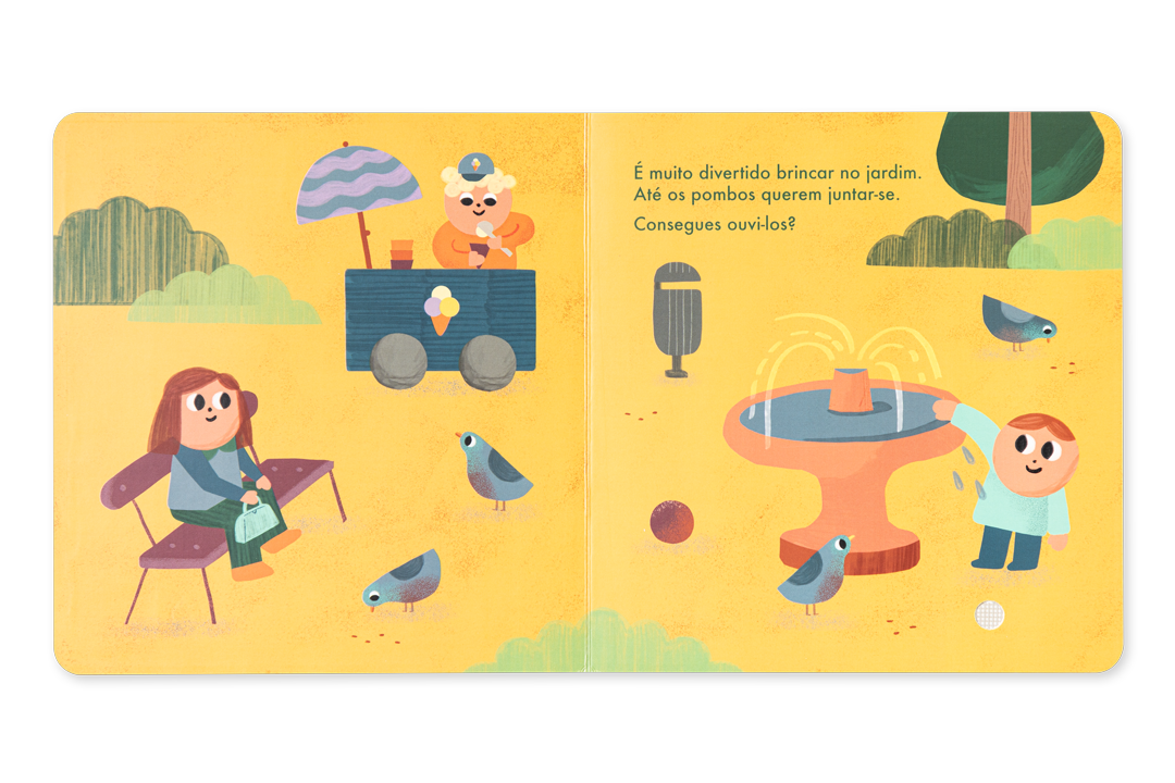 Páginas interiores do livro sonoro Cidade com veículos ilustrados