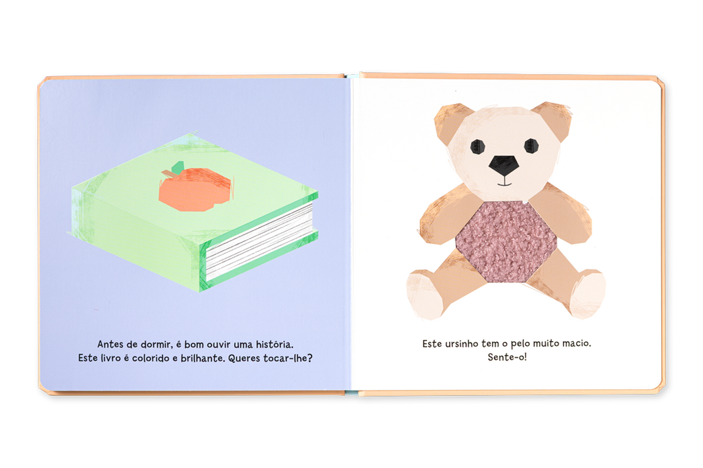 Livro cartonado As Texturas à Tua Volta aberto, a mostrar duas páginas ilustradas