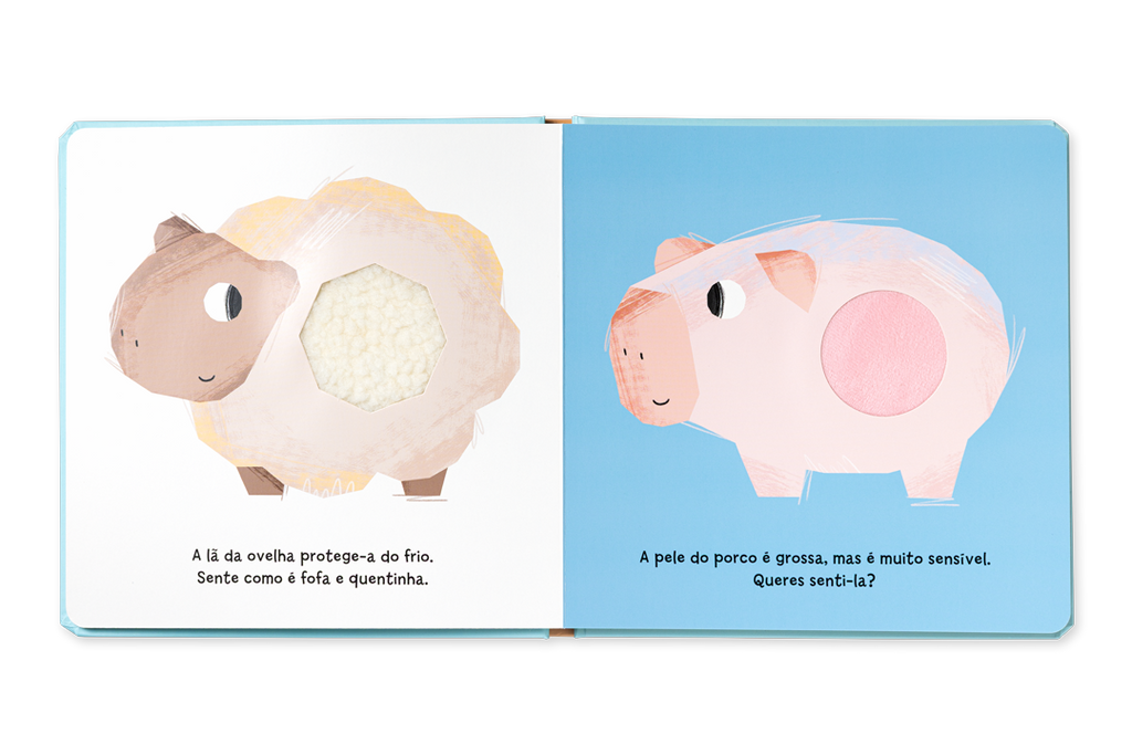 Livro cartonado As Texturas dos Animais aberto, a mostrar duas páginas ilustradas