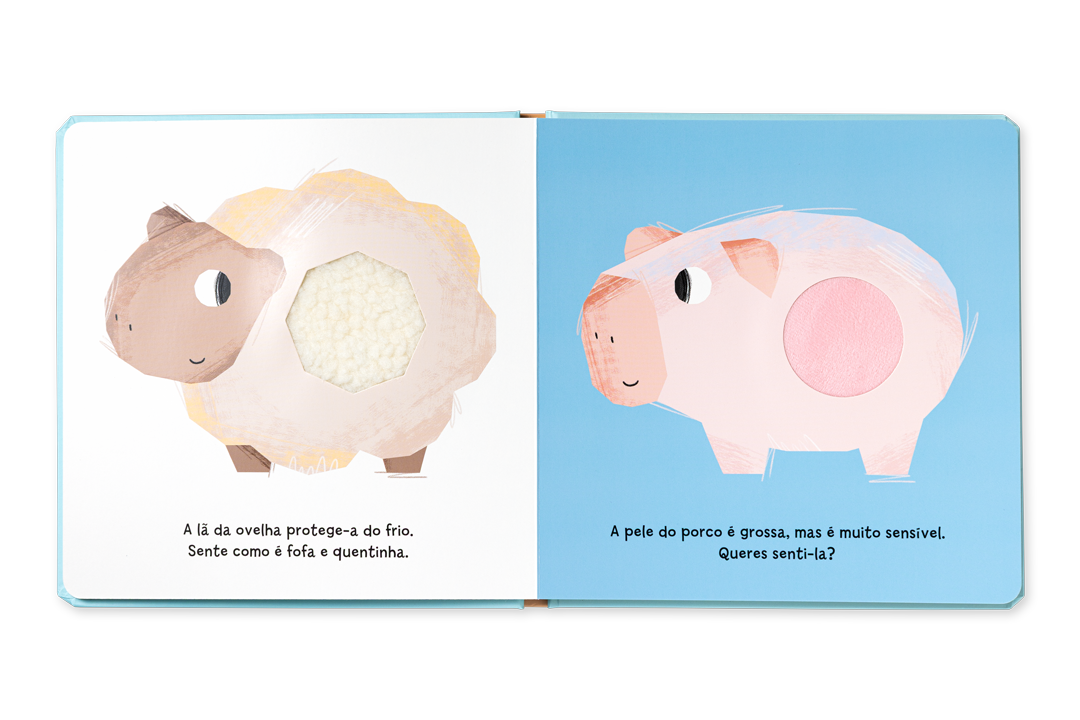 Livro cartonado As Texturas dos Animais aberto, a mostrar duas páginas ilustradas