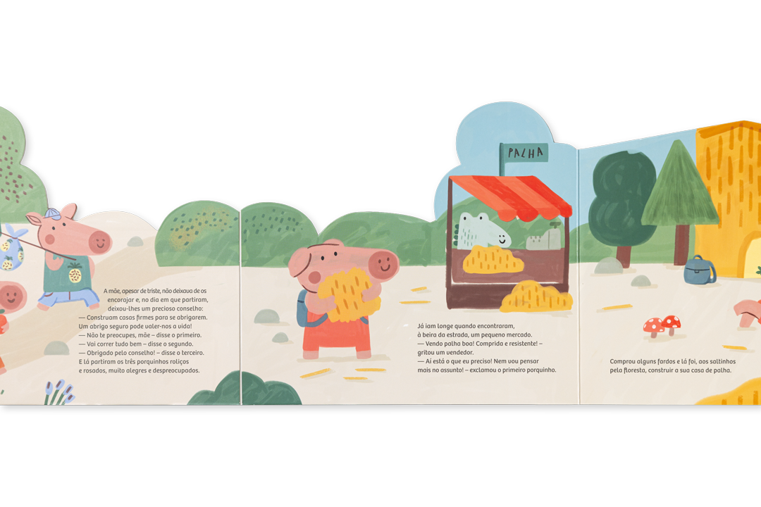 Pormenor das ilustrações do livro acordeão Os Três Porquinhos da Edicare