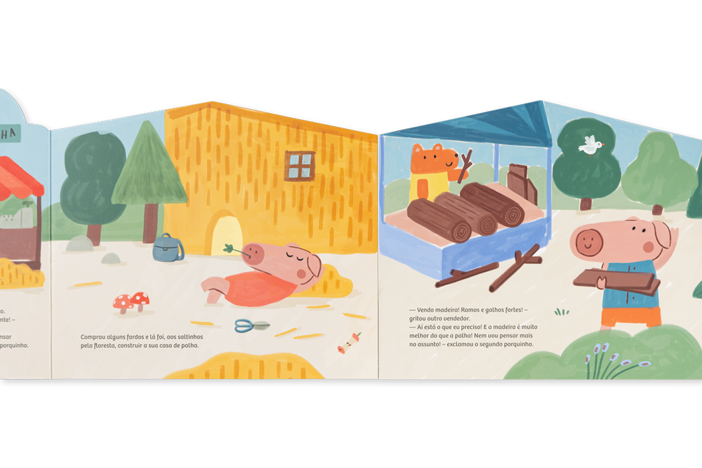 Páginas interiores do livro acordeão Os Três Porquinhos com o lobo